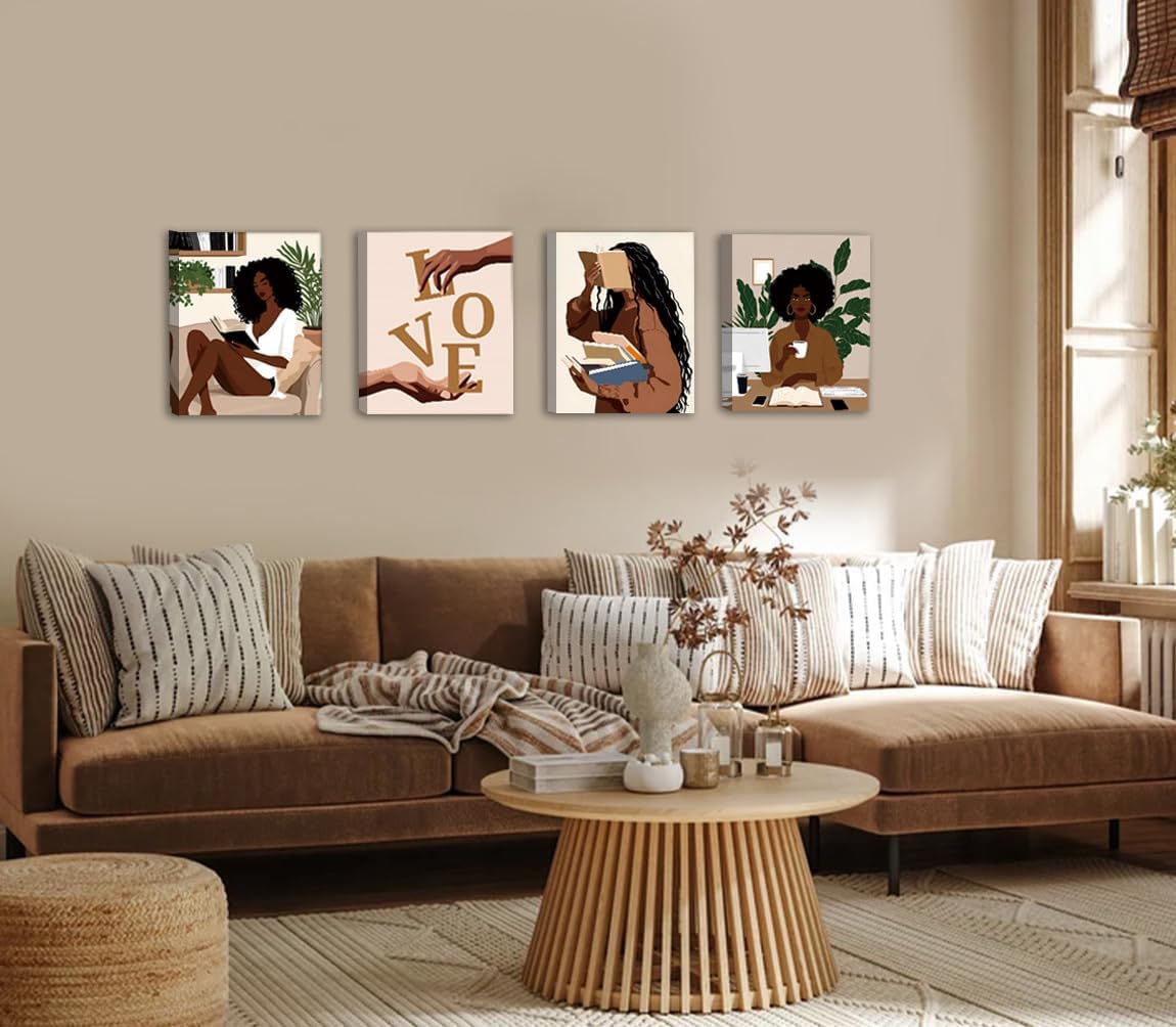 African American Books Wall Art Prints,Framed Black Girl Reading Canvas Poster,Book Lover Painting Artwork,Modern Black Woman With Book Art Wall Decor for Bedroom Living Room,Set of 4(8"X10"