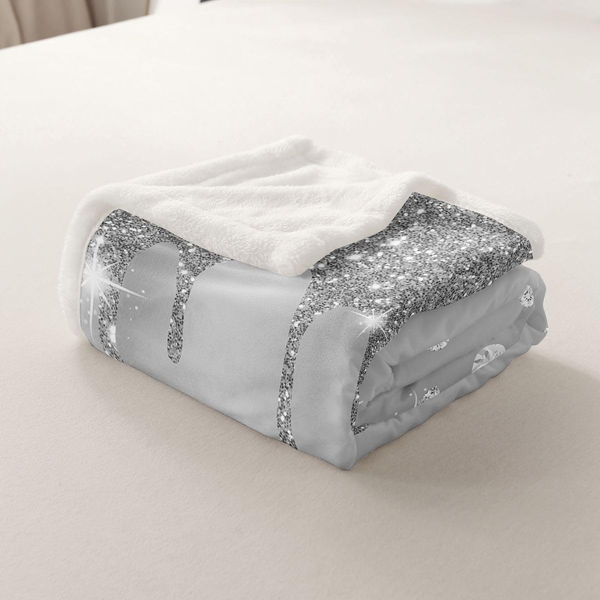 Feelyou Silver Glitter Print (No Glitter) Fleece Throw Blanket - Bling Party Decorations Grey Plush Sherpa for Diamond and Jewelry - Warm Fuzzy 40"x50"