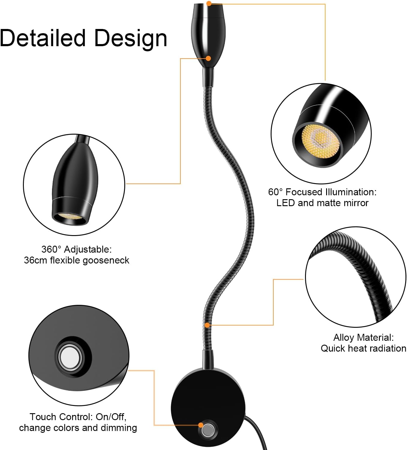 ERAY LED Wall Mounted Reading Light, Bedside Reading Lights for Bed with Touch Control, 3 Dimmable, 360°Flexible Gooseneck Headboard Book Reading Lamp Wall Sconce, 3000k-6000k-2 Pack