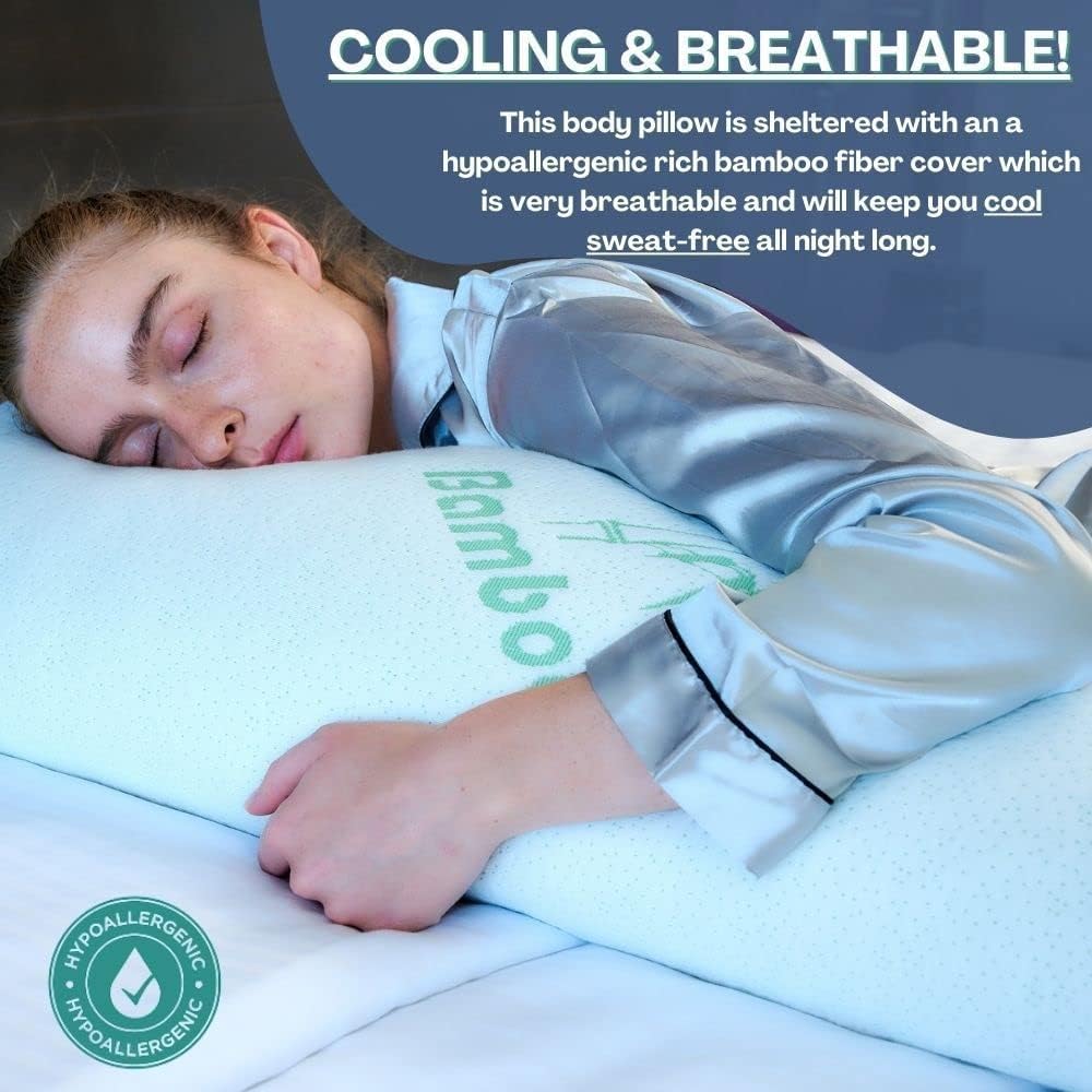 Body Pillow Bamboo Rayon - Side Sleeper, [Adjustable] Shredded Memory Foam Full Body Support Cooling Pillows, Ultra Soft Removable and Washable Hypoallergenic Cover with Zipper, Long Huggable Pillow