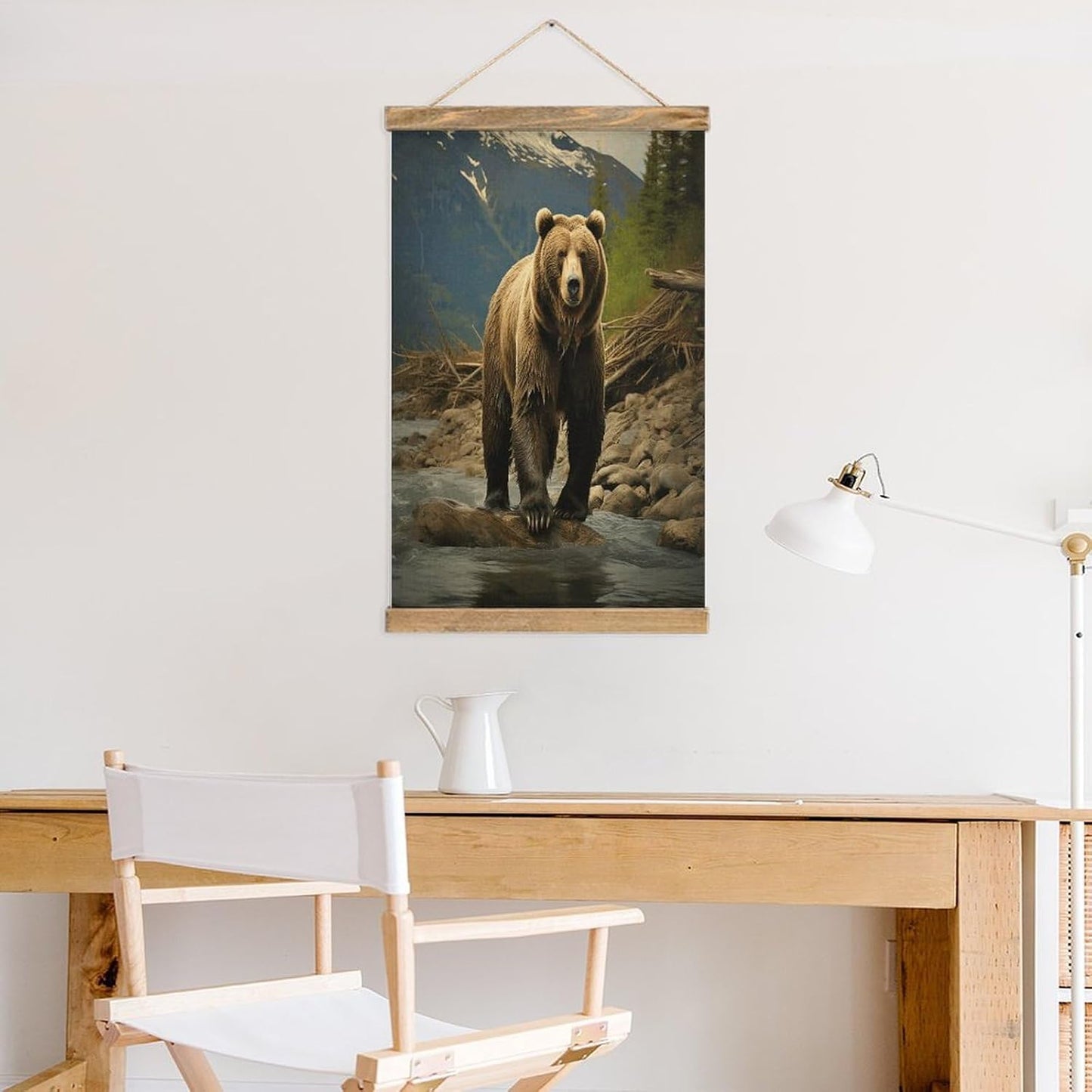Vintage Brown Bear Poster with Wooden Frame Personalized Linen Hanging Scroll Painting Rustic Wall Hanging Illustrative Modern Artwork Decor for Home Living Room Bedroom Office