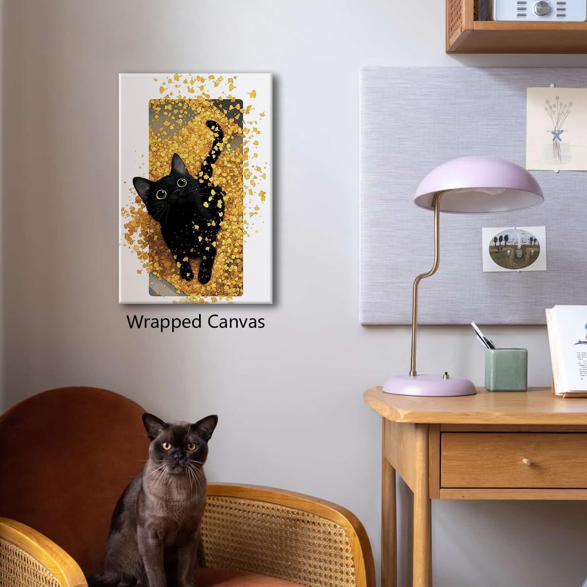 OAOPIC Black Cat Canvas Wall Art, Cat Sits Among Autumn Falling Maple Leaves Poster, Cozy Fall Season Halloween Wall Decor, Thanksgiving Day Cute Kitty Painting Gift for Animal Lover 8x12in Unframed