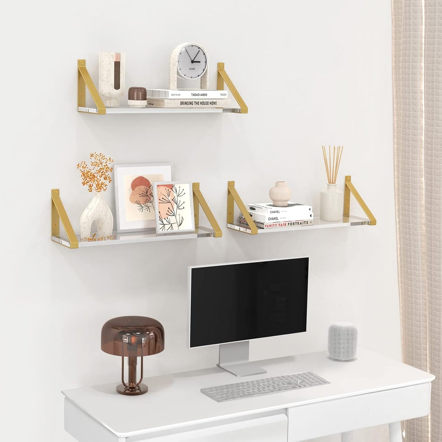 Clear Shelves, Gold Floating Shelves Wall Mounted Set of 2, 8mm Transparent Acrylic, Invisible Wall Shelves for Bedroom, Living Room, Bathroom, Kitchen, Office Display Decor (13in)