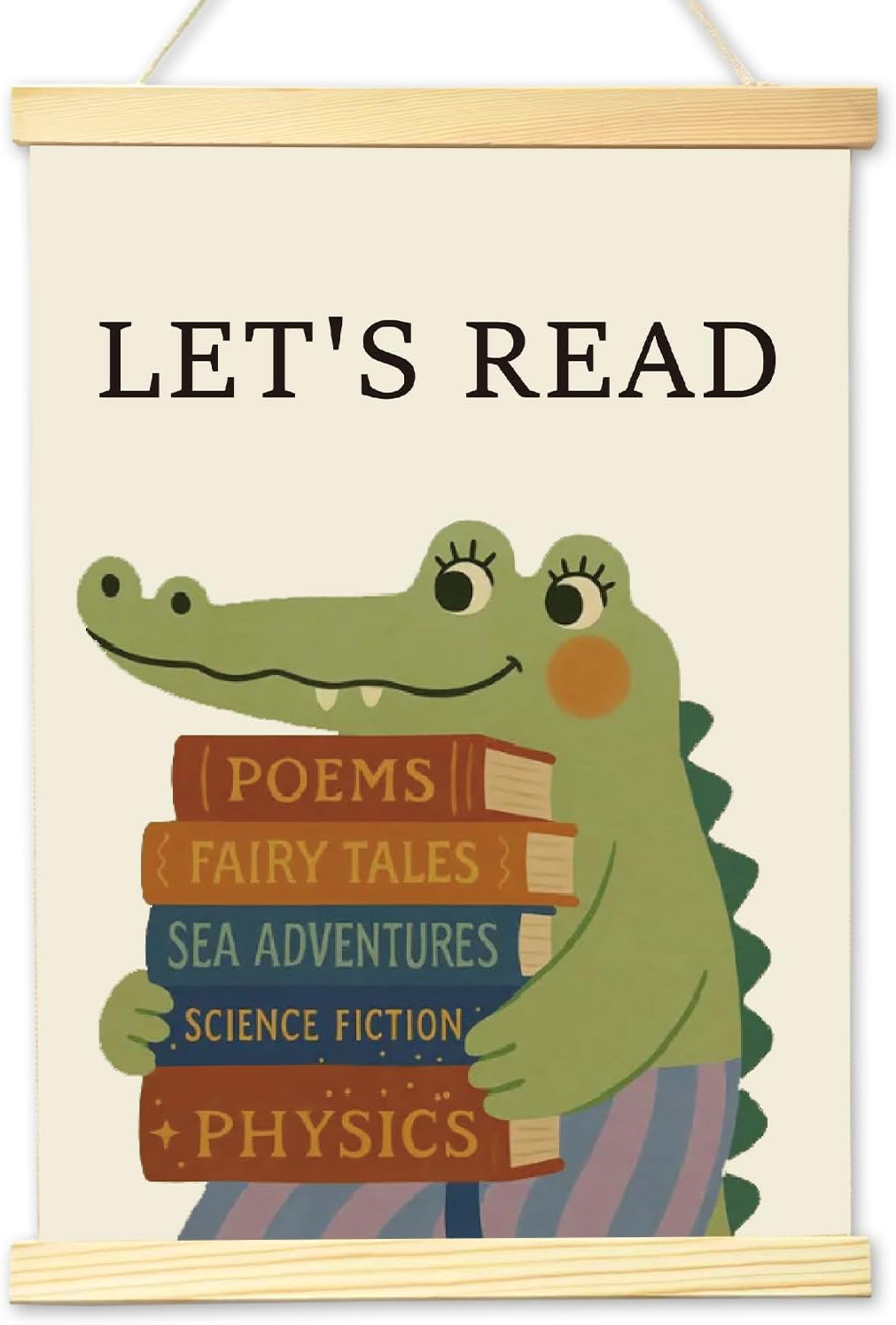 HONPHAX Cute Crocodile Nursery Educational Wall Art Poster Hanger Frame, Let's Read Wall Decor Kids Room Bedroom Playroom Decor Canvas Posters -014