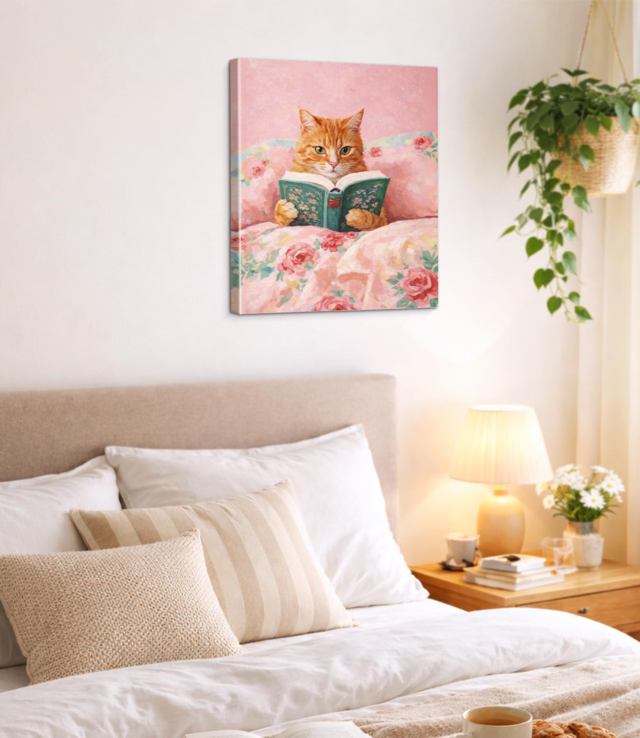 Vintage Cute Cat Pink Wall Art Print - Cat Reading Book Canvas Poster Painting - Pink Girly Wall Decor for Home Bedroom Dorm 8x10 Inch Framed