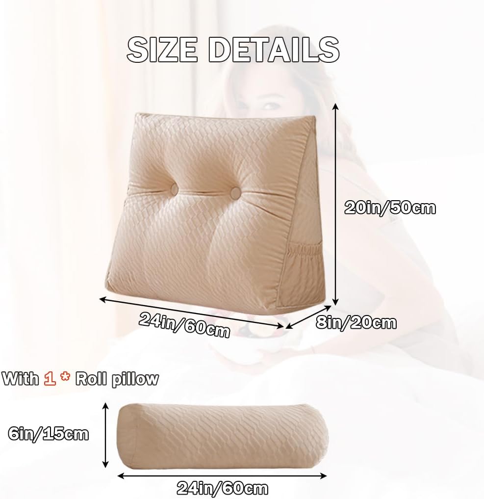 Velvet Triangular Wedge Pillow With Roll Pillows,Removable Cover Tiangular Headboard Pillow for Daybed,Backrest Positioning Support Pillow Cushion Resting Reading (Beige, Small(24 * 20 * 8in))