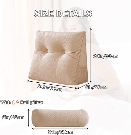 Velvet Triangular Wedge Pillow With Roll Pillows,Removable Cover Tiangular Headboard Pillow for Daybed,Backrest Positioning Support Pillow Cushion Resting Reading (Beige, Small(24 * 20 * 8in))