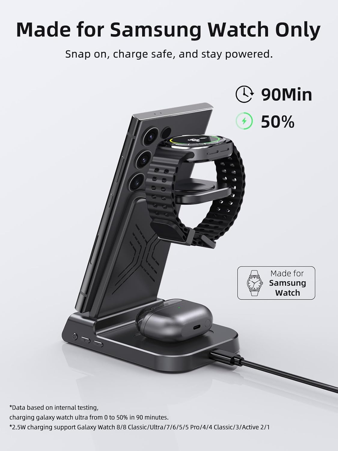 Wireless Charger Samsung Charging Station: 3 in 1 Android Charging Stand with Dimmable Clock - Nightstand Organizer for Galaxy S25 Ultra S24, Galaxy Watch 8 7 6 5 4, Galaxy Buds, Space-Saving Charger