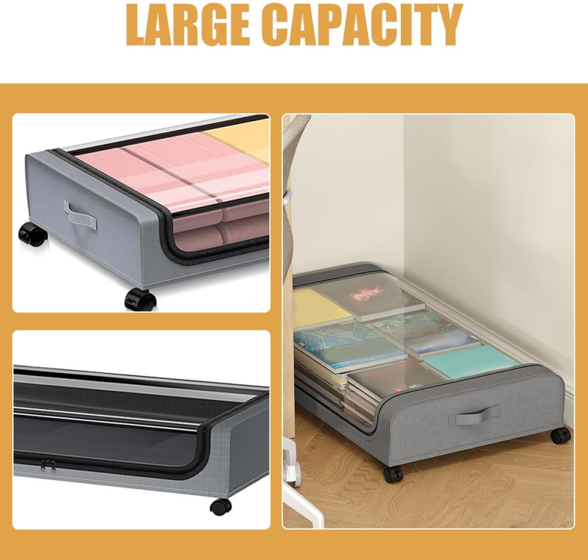 PRETYZOOM Bed Storage Cart with Wheels and Lid Gray Plastic Underbed Storage Box for Clothes and Bedding Organizer