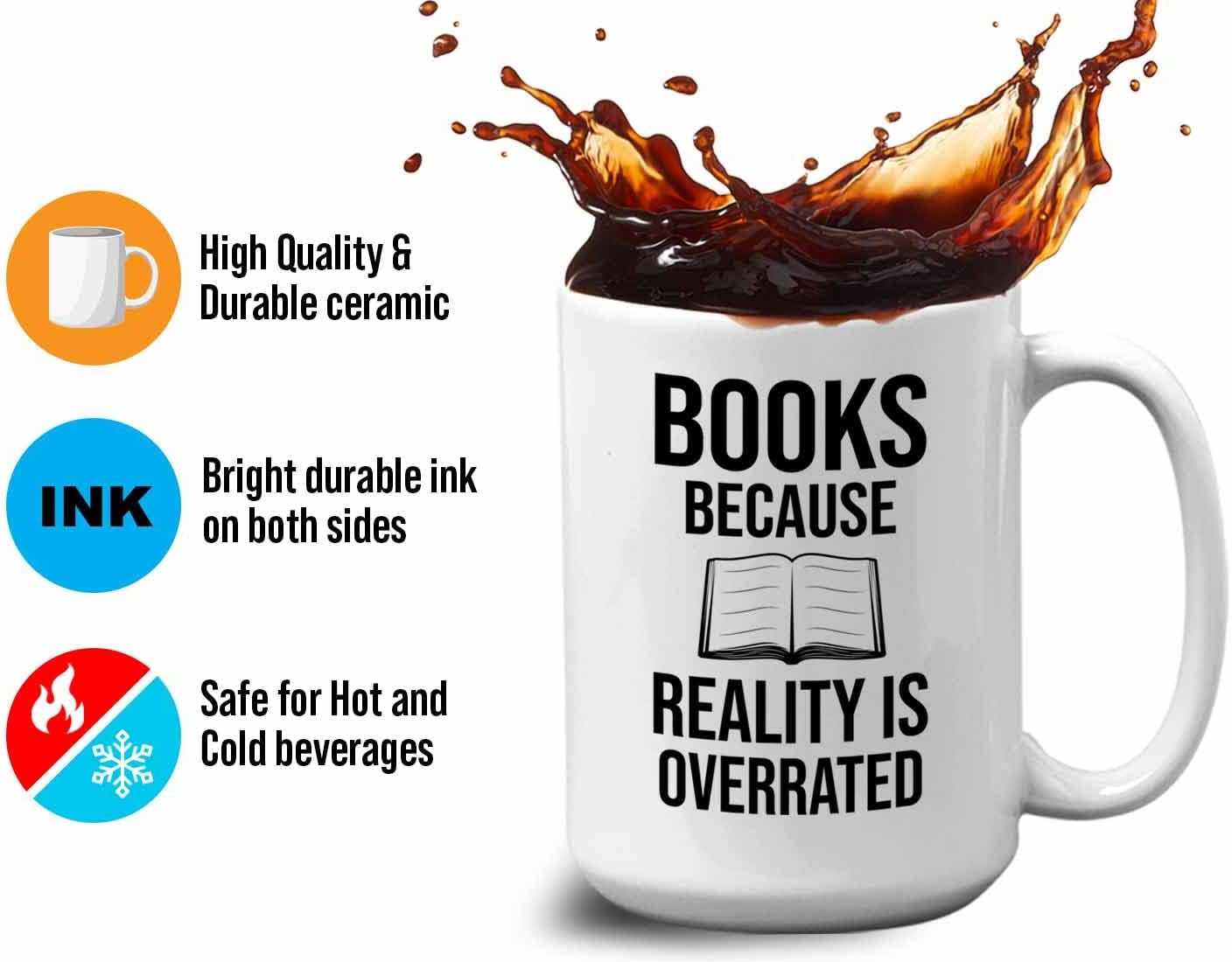 Bubble Hugs Writer Coffee Mug 15oz White - Books Because Reality is Overrated - Reading Book Lover for Bookworm Bibliophile Librarians Author Readers Bookish