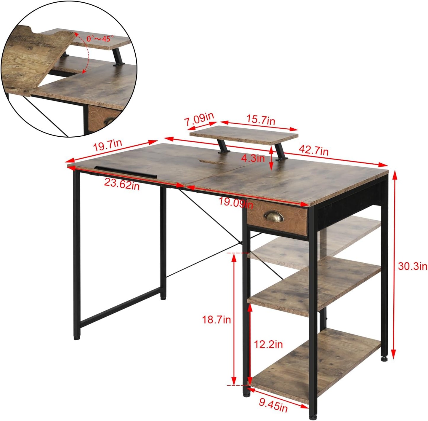 X-cosrack Drafting Table with Storage Shelves & Drawer, 43" Adjustable Art Desk with Monitor Stand for Home Office Computer, Tiltable Draft Drawing Table for Artist, Study, Writing Workstation