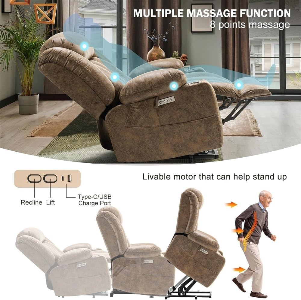 Power Lift Recliner Chair for Elderly, Breathable Leather Ergonomic Lounge Chair with Massage and Heat, Classic Single Sofa with Cup Holders Side Pockets for Home Theater