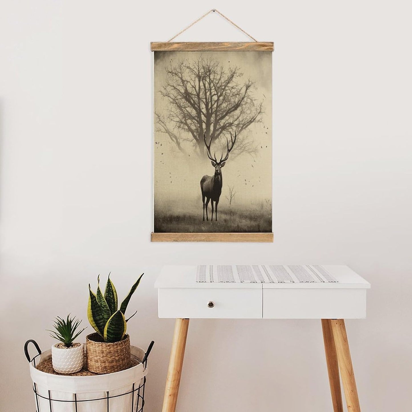 Vintage Abstract Tree Elk Picture Poster with Wooden Frame Personalized Linen Hanging Scroll Painting Rustic Wall Hanging Illustrative Modern Artwork Decor for Home Living Room Bedroom Office