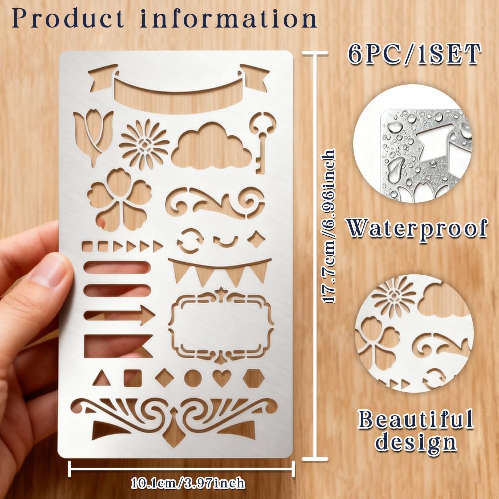 6 Pcs Metal Planner Stencil Journal Stencil Wood Burning Engraving Stencils Small Letter Metal Stencils for Journaling Templates for DIY Bookmarks Carving Draw Scrapbook