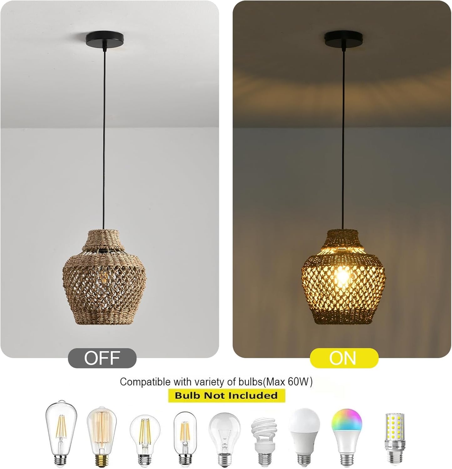 Rattan Pendant Light Fixtures,11.02" Boho Rattan Pendant Light,2-Pack Hand Woven Seagrass Chandelier for Workplace Occasions Restaurants Dining Living Bedroom Kitchen Farmhouse