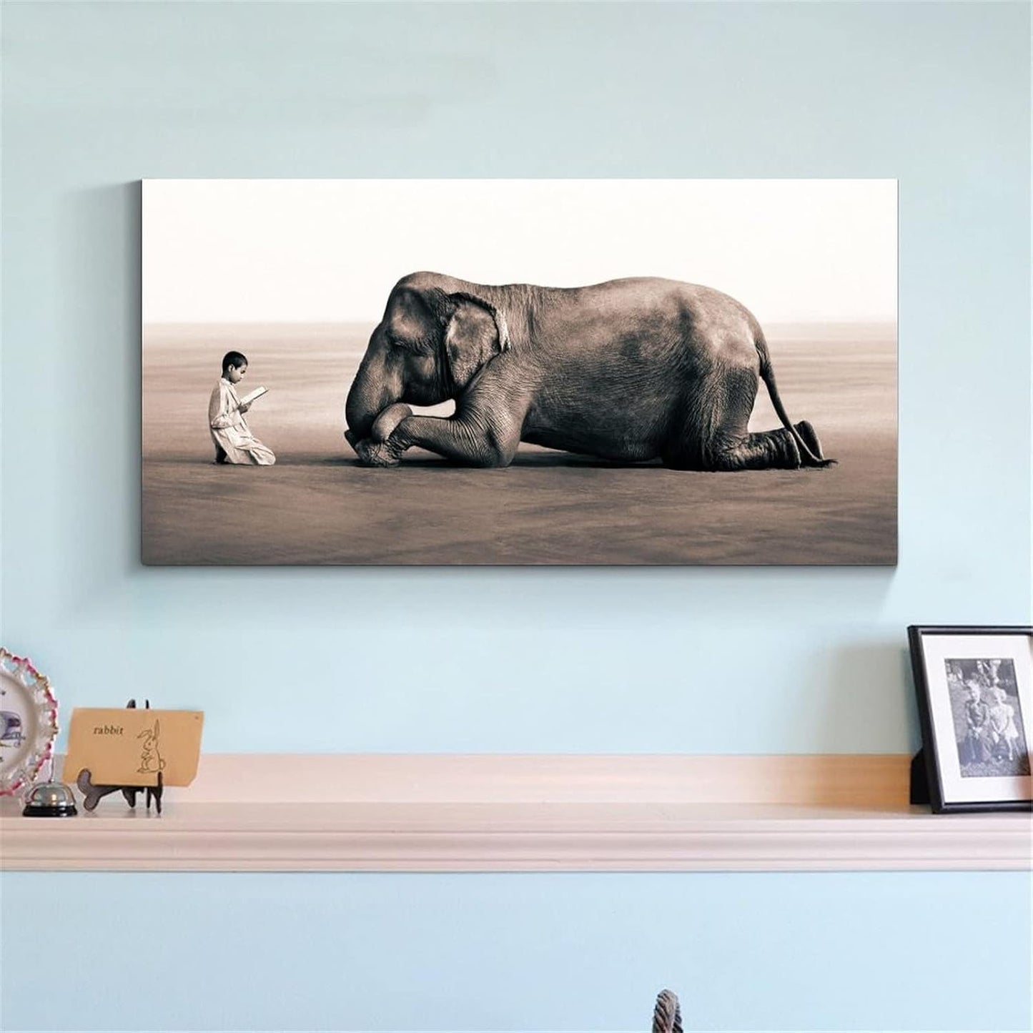 Boy Reading in Front of Elephant Poster Canvas Paintings Black and White Wall Art Prints for Living Canvas Painting Wall Art Poster for Bedroom Living Room Decor 08x16inch(20x40cm) Frame-Style-1
