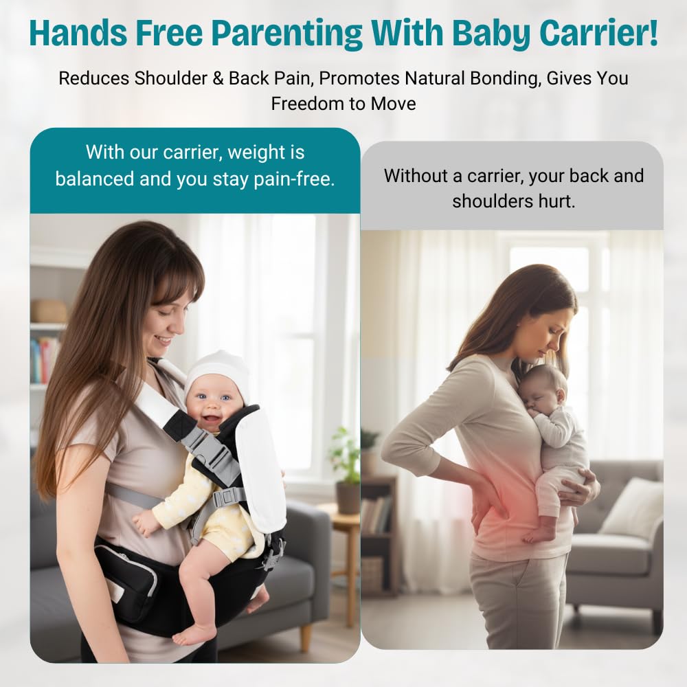 6 in 1 Hip Carrier for Baby - Easy to Wear Ergonomic Front Facing Baby Carrier with Hip Seat for 7–44 lbs - Baby Harness with Back Support, Breathable & Adjustable for Comfortable Travel - Black