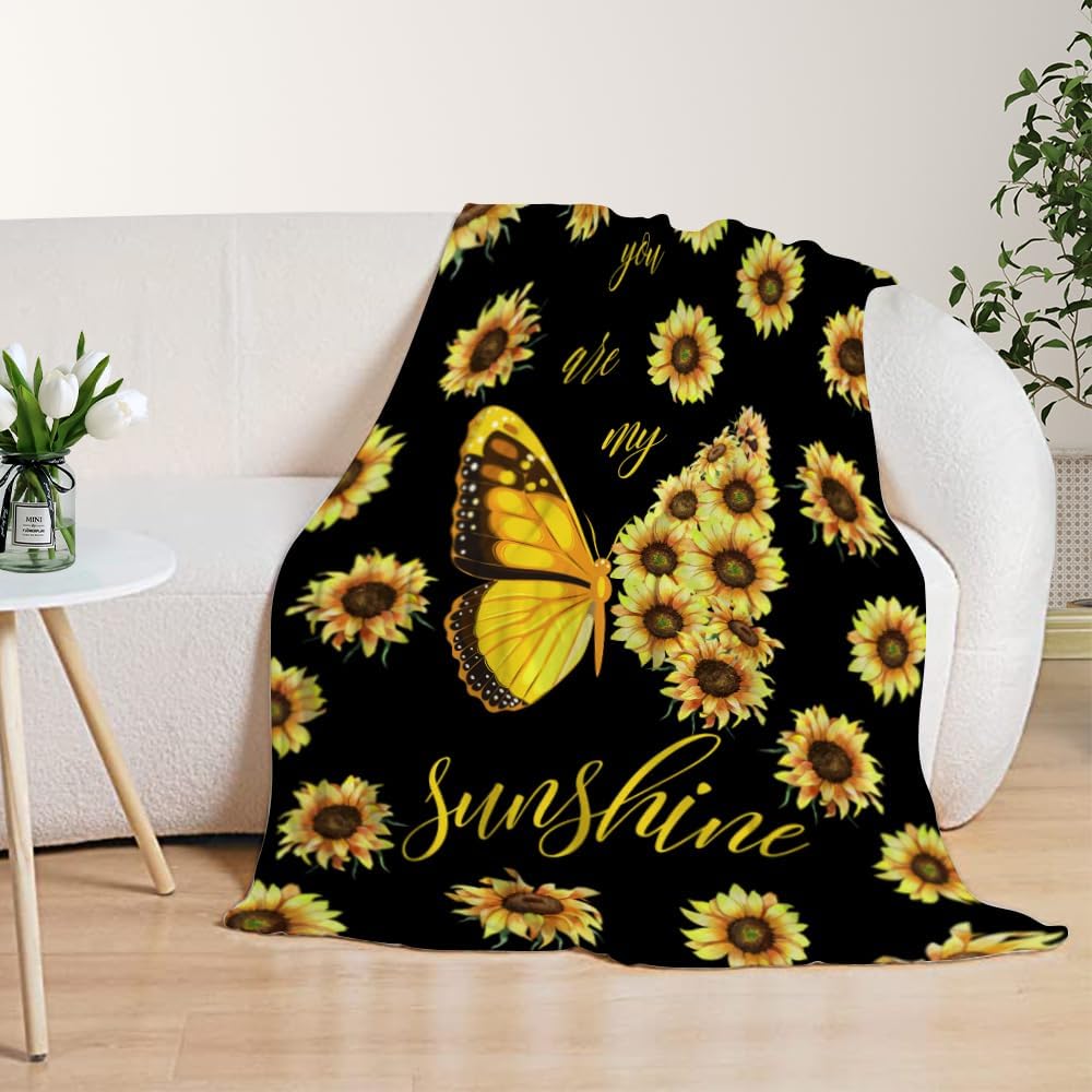 YeeJu Sunflower Large Throw Blanket Yellow Floral Butterfly Throw Blanket for Couch Sofa Bed Soft Cozy Fuzzy Plush Fleece Blankets Black Spring Summer Flower Gift for Women Blanket 50x70