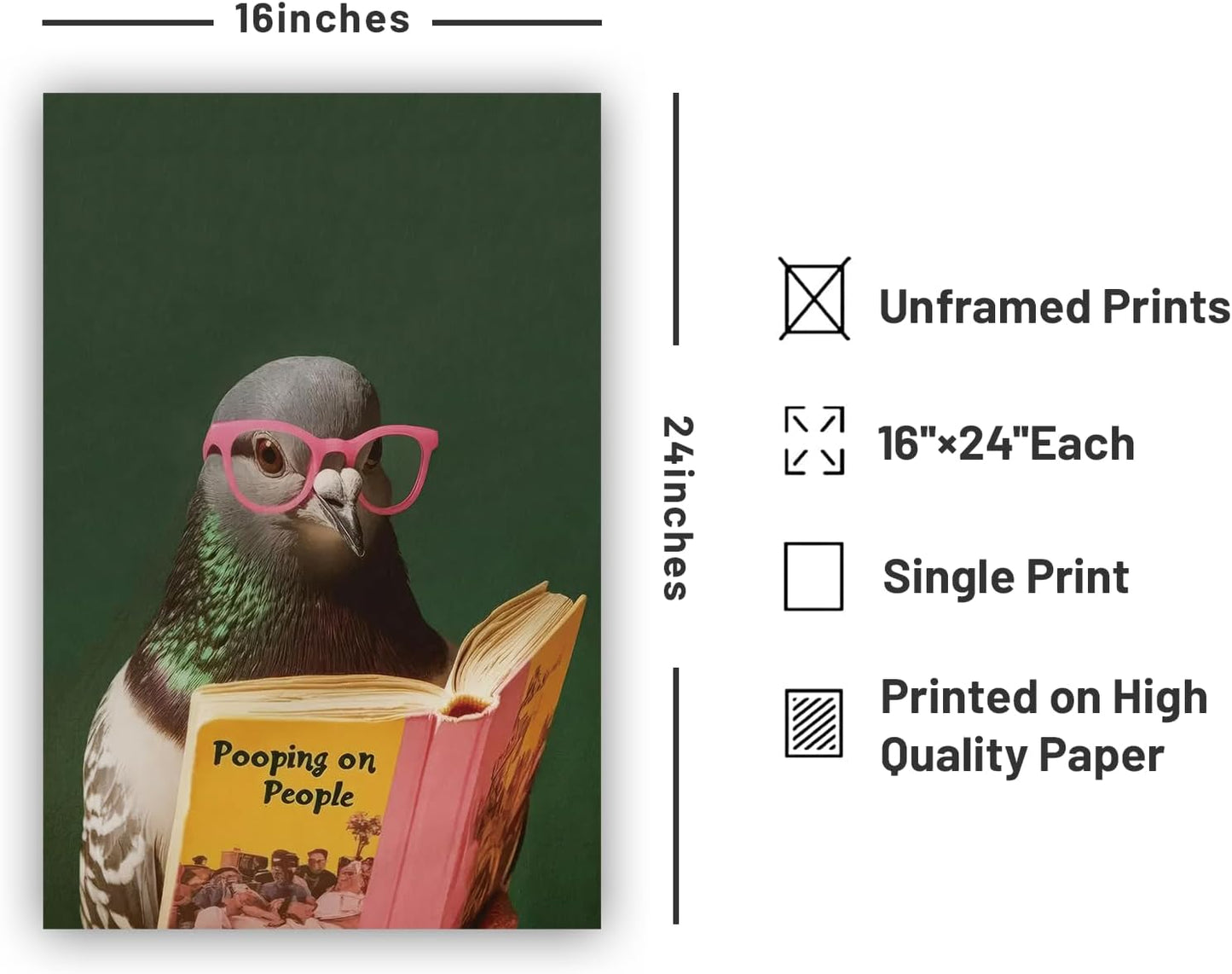 Funny Wall Art Animal Wall Art Bathroom Painting Prints Fun Bath Poster Funny Pigeon Reading Book 16x24inch Unframed Decor for Bathroom Toilet Living Room Bedroom Office