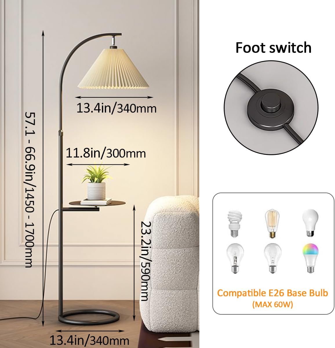 Nordic Cream Style Floor Lamp with Tray Adjustable Height Standing Reading Light Rust-Proof Iron Tall Lights Corner Decoration Vertical Lamp E27 Base Floor Lamps for Bedroom Living Room