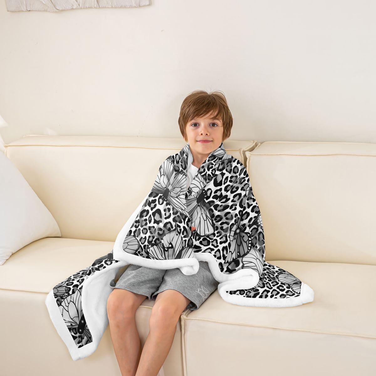 Feelyou Black Leopard Printed Sherpa Throw Blanket for Couch Butterfly Super Soft Cozy Fleece Animals Blanket for Winter, Plush Throw Baby 30"x40" All Season