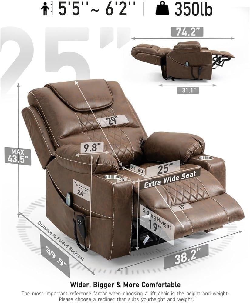 Dual Motor Power Lift Recliner Chair for Elderly with Massage Lumbar Heating Lay Flat Adjustable Functional Reclining Chair with Cup Holders Comfortable Leather Lift Chair