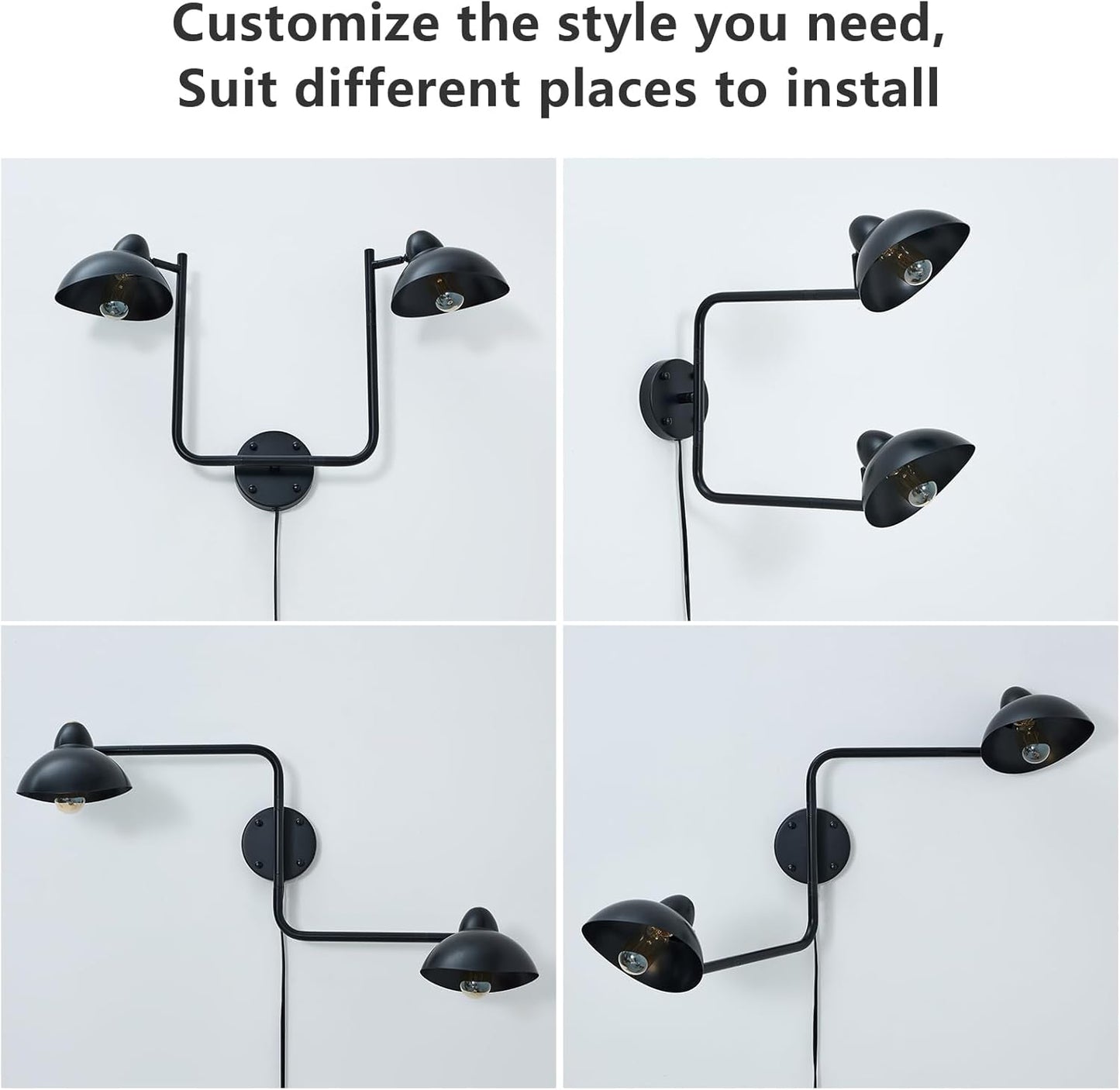 Adjustable Black Swing Arm Wall Sconce, 2-Light Plug in Wall Lamps with ON/Off, Rotatable Metal Dome Shades Wall Mount Lighting Fixture for Living Room Bedroom Study