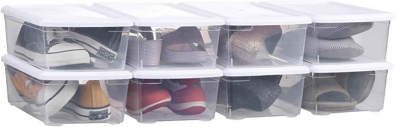 6 Quart Latching Storage Box,Plastic Clear Storage Bins With Lids Stackable 8 Packs Storage Containers Plastic Shoe Boxes With Lids (Whtie, 8 Pack)