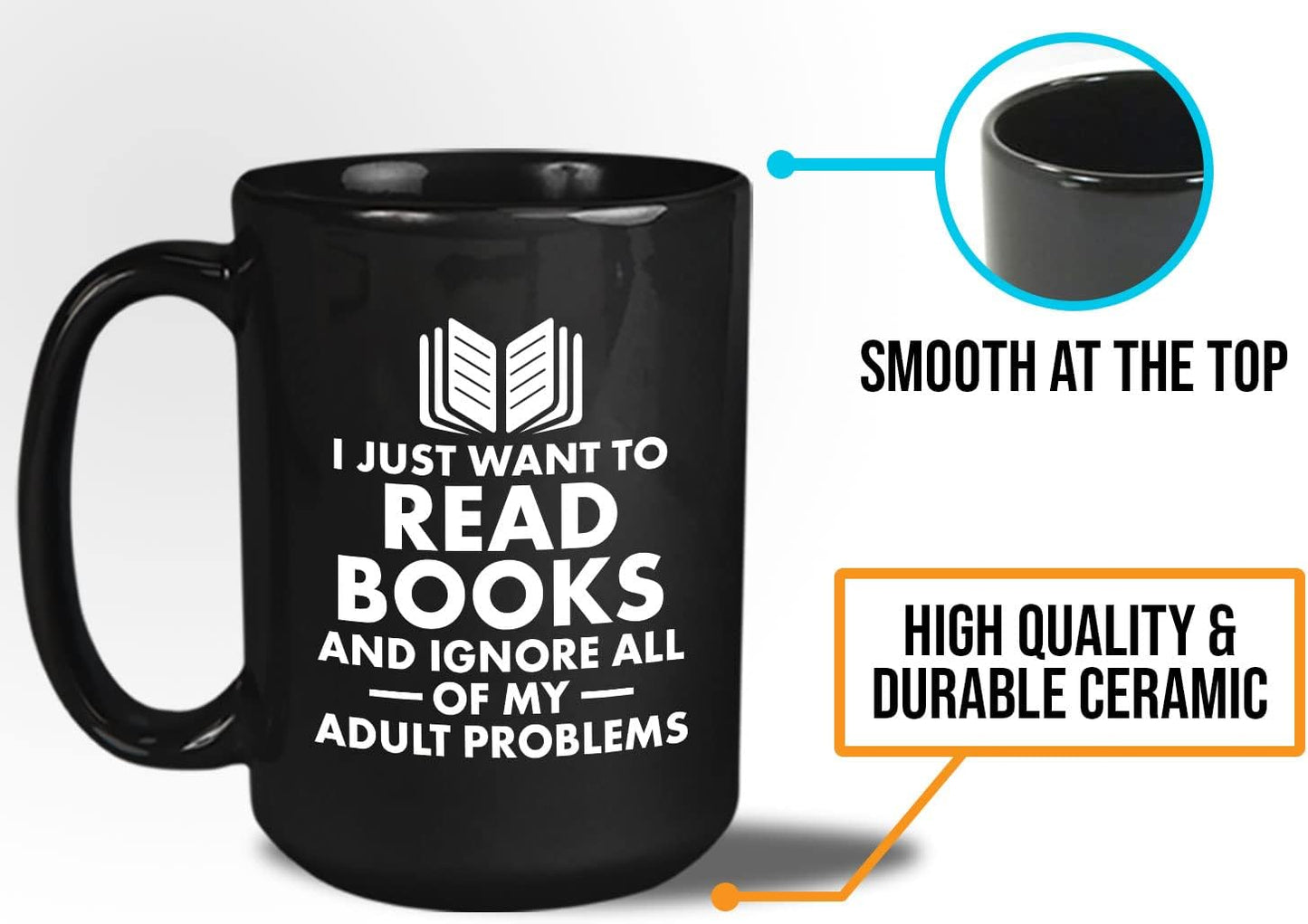 Book Lover Coffee Mug 15oz Black - I just want - Literary librarian Literature Bookworm Historian Public Library Curator Bibliophile Bibliolater