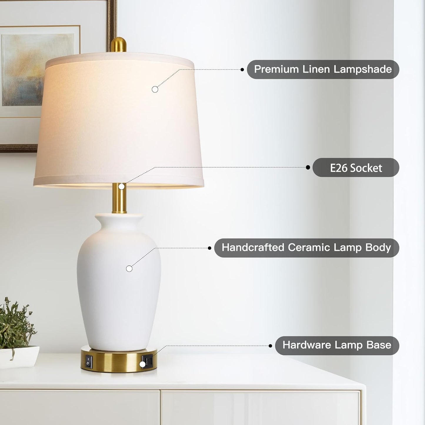 Set of 2 White Ceramic Modern Table Lamps with Ginger Jar Design - for Living Room,Dining Room,Bedroom,Office,Nightstand,End Table