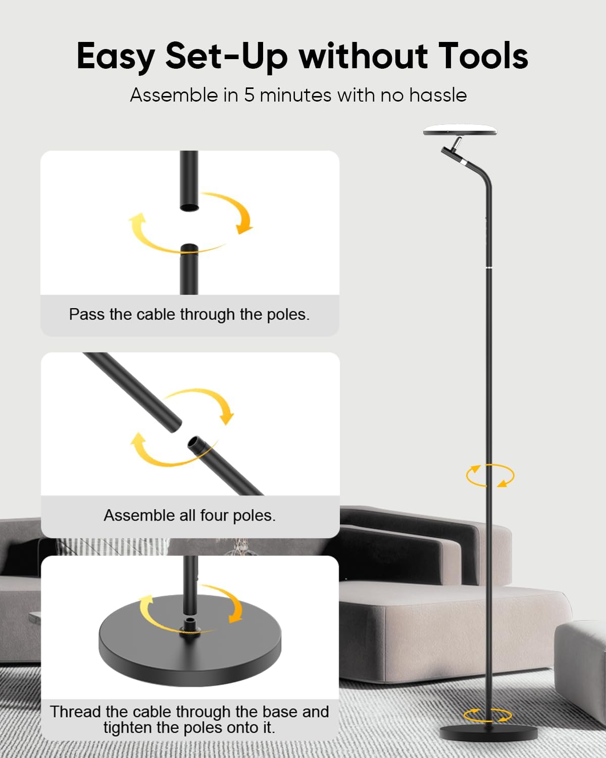 LED Floor Lamp, 36W Super Bright Standing Lamp with Remote & Touch Control, 69" Stepless Dimmable Torchiere Tall Lamp, 350° Rotating Head Floor Lamp for Bedroom, Living Room, Office, Black