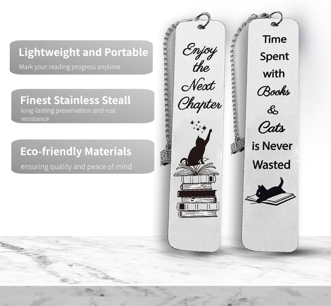 Metal Bookmark Gift for Book Lover - 2 Pcs for Women with 100 Page Marker - Cat Mom