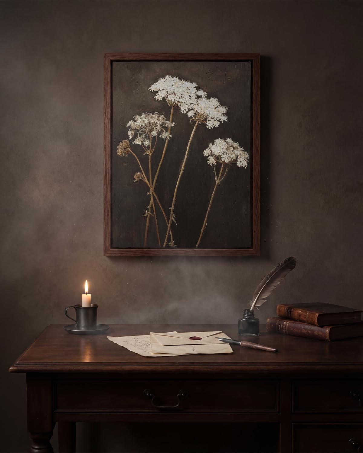 Vintage Framed Wall Art 12x16 Inch – Moody Botanical Still Life Artwork with White Dried Wildflower Oil Painting – Dark Academia Rustic Floral Wall Decor for Bedroom, Living Room