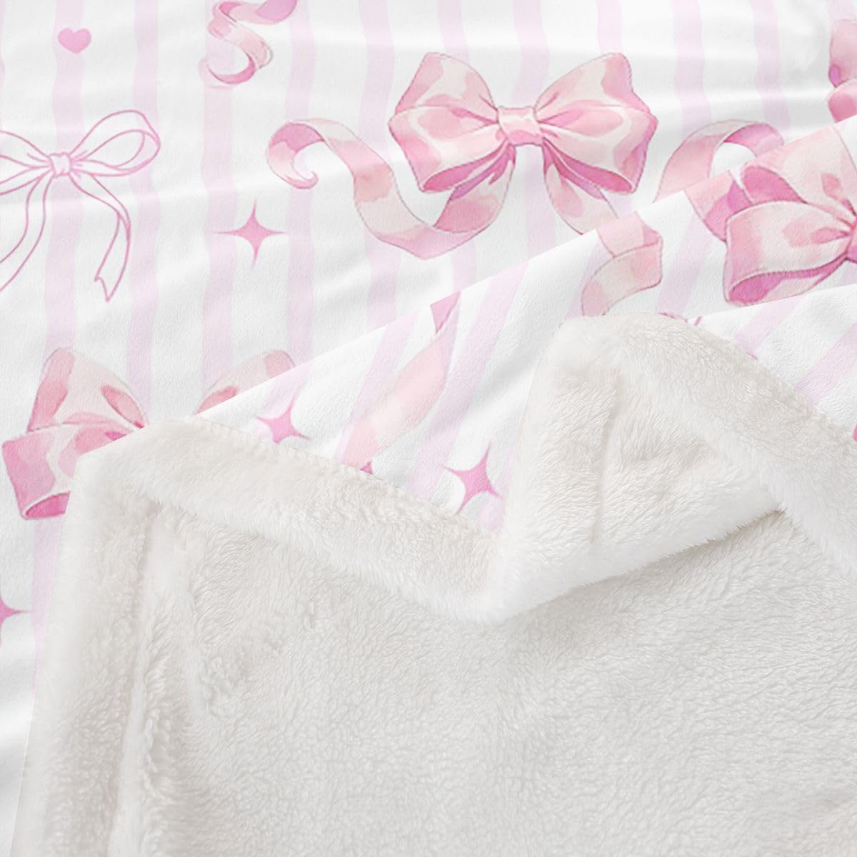 Feelyou Pink Bow Sherpa Throw Blanket for Couch Cute Ribbon Bowknot Super Soft Cozy Fleece Coquette Blanket for Winter, Plush Throw Aesthetic Baby 30"x40" Stripe Heart Pattern All Season
