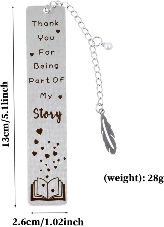 Metal Bookmark Gift, Engraved Thank You for Being Part of My Story Thank You Appreciation Silver Stainless Steel Book Mark with Leaf Pendant Book Mark Christmas Gifts for Women Men Books Lover Friends