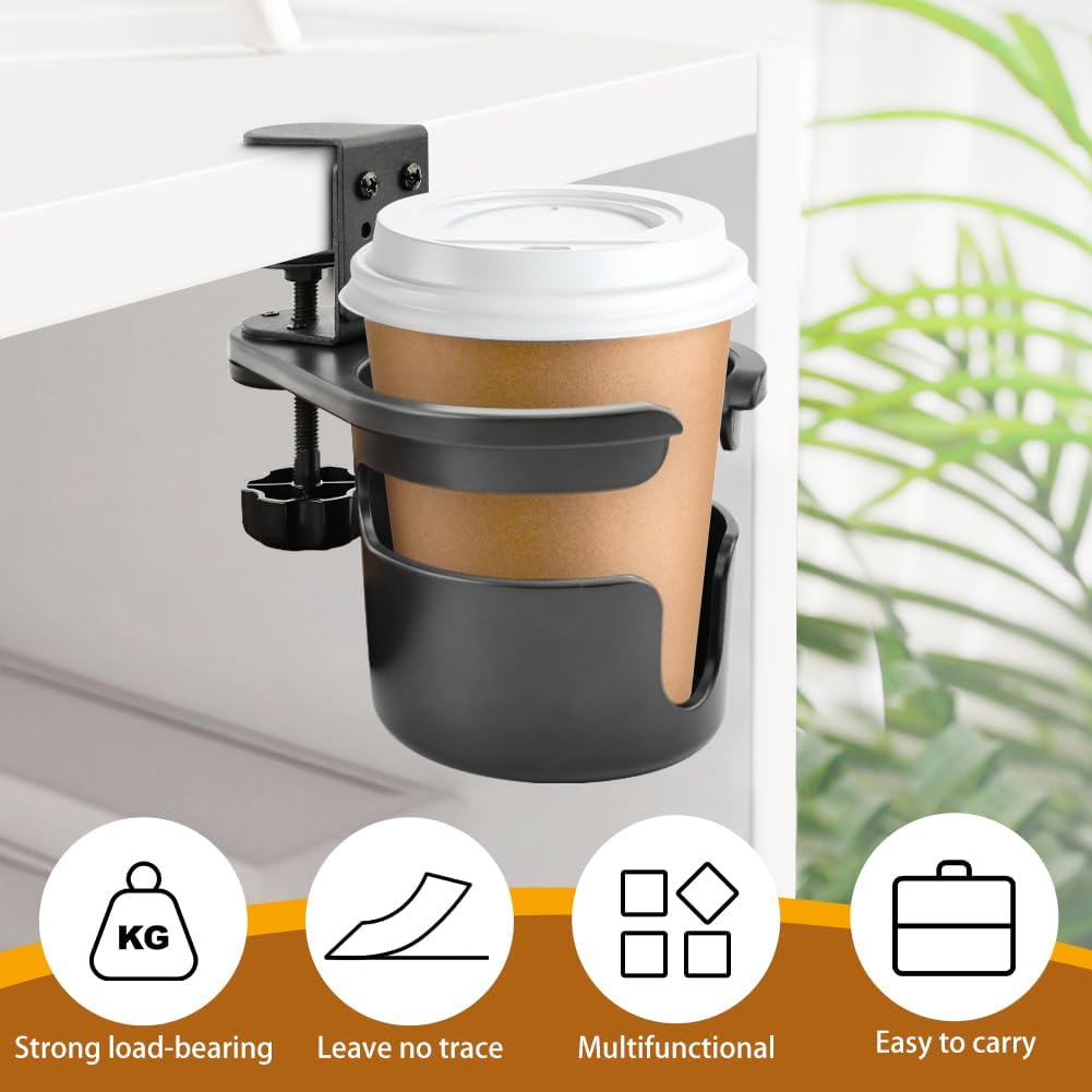 Deep Desk Cup Holder Clamp 360° Rotating for Table, Anti-Spill Cup Holder for Desk, Office Accessories to Hold Coffee Mugs, Gift for School, Gamer and Office(Color:Black)
