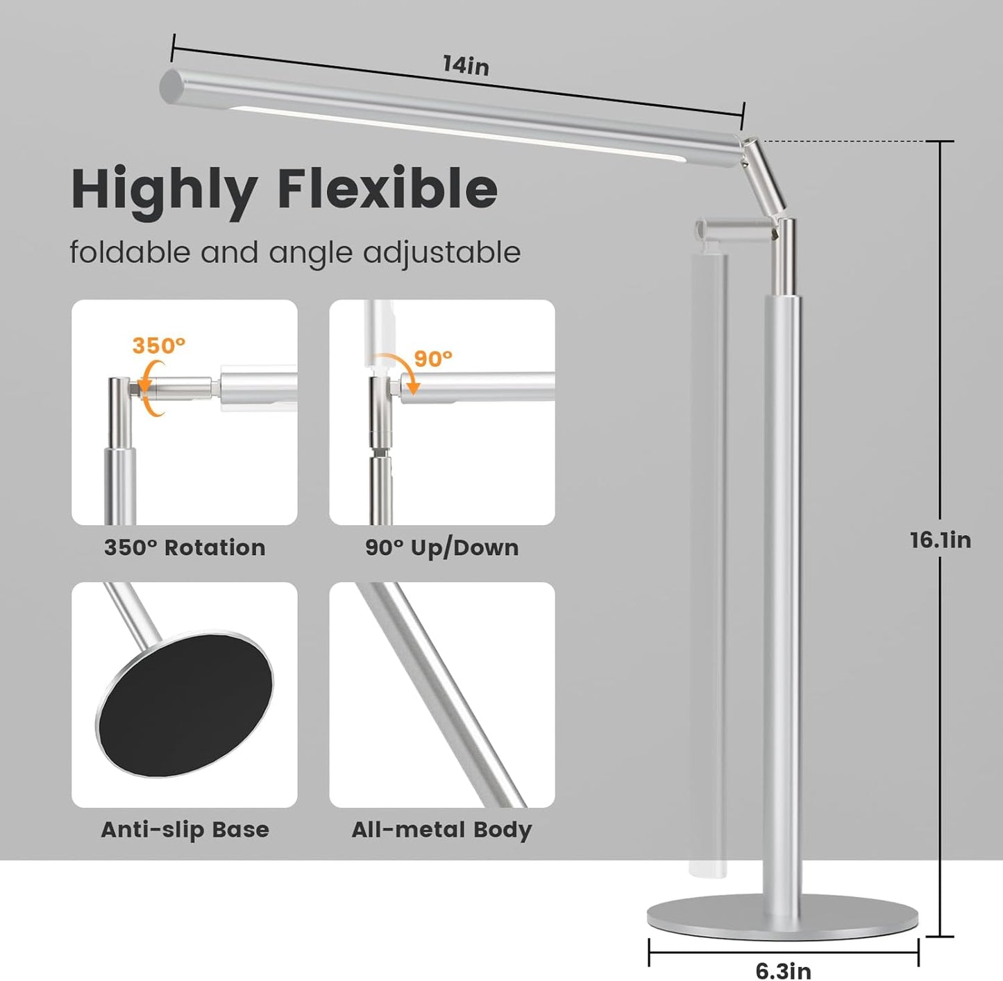Silver LED Desk Lamp, 16" Dimmable Metal Desk Light with Base, 15W 1200LM, Adapter Included, Color & Brightness Adjustable, Modern Tall Table Lamp for Home Office Reading Study Task Laptop