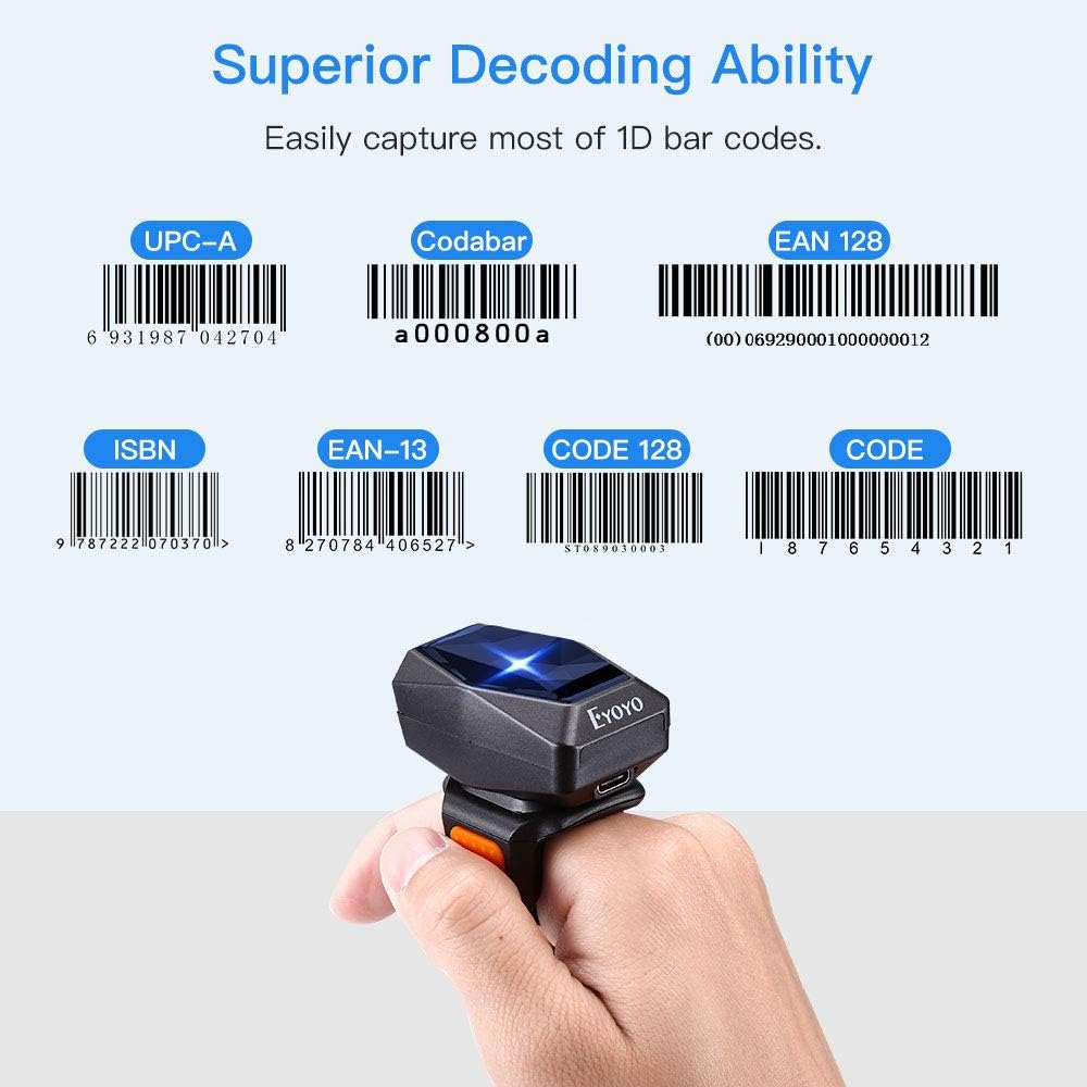 Eyoyo 1D Bluetooth Wearable Ring Barcode Scanner, Portable Bar Code Reader with 2.4GHz Wireless & USB Wired Connection Compatible with iPhone iPad Android iOS, for Book, Warehouse Inventory, Express