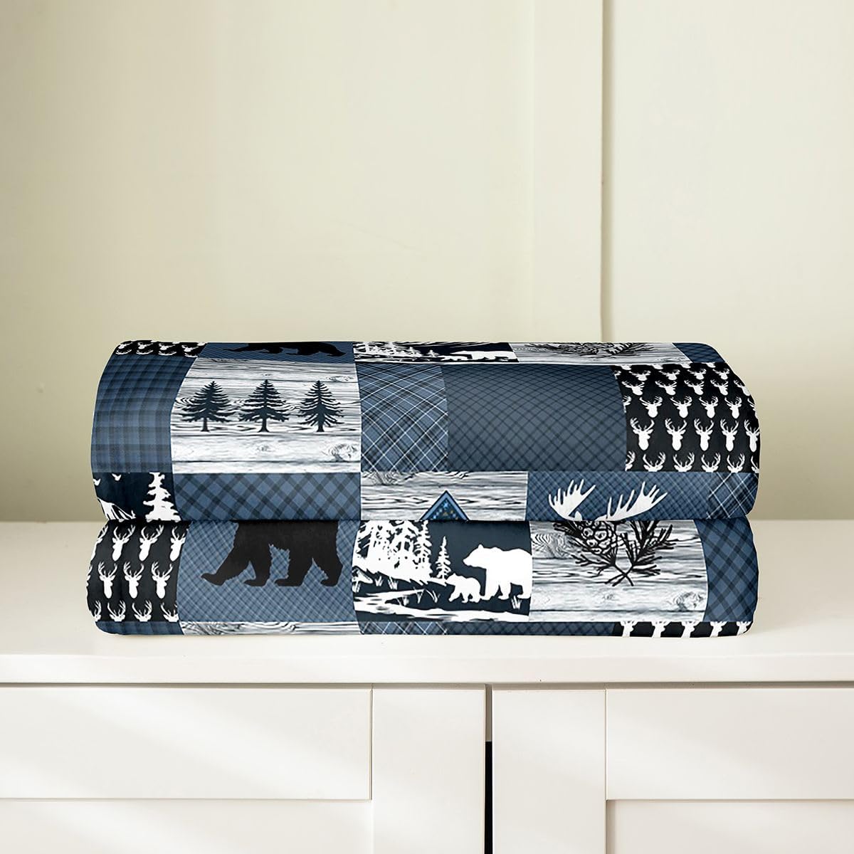 Feelyou Deer Bear Blue Plaid Fleece Throw Blanket Wild Western Animal Hunting Flannel Blanket Plush Fuzzy Rustic Cabin Farmhouse Patchwork Country Lodge for Bed Chair Twin 60"x80" Bedroom Decor