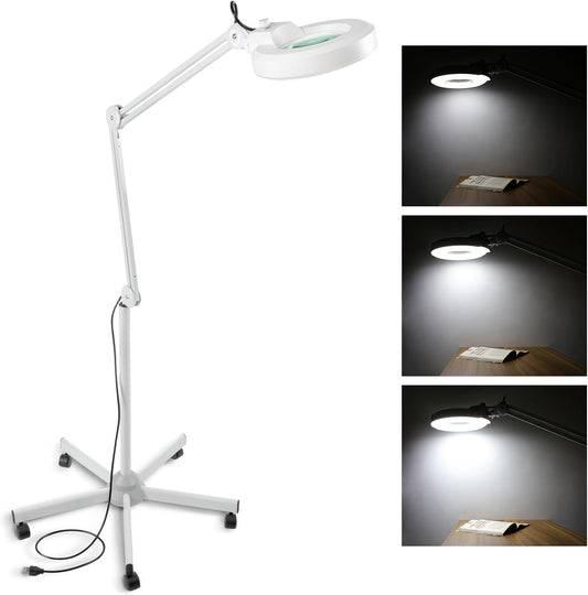 VARIPOWDER 5X Magnifying Glass with Light and Stand, Magnifying Floor Lamp with 5 Wheels Rolling, Estheticians Mag Floor Lamp for Facials, Magnifier for Esthetician Facial Salon, Sewing, Close Work