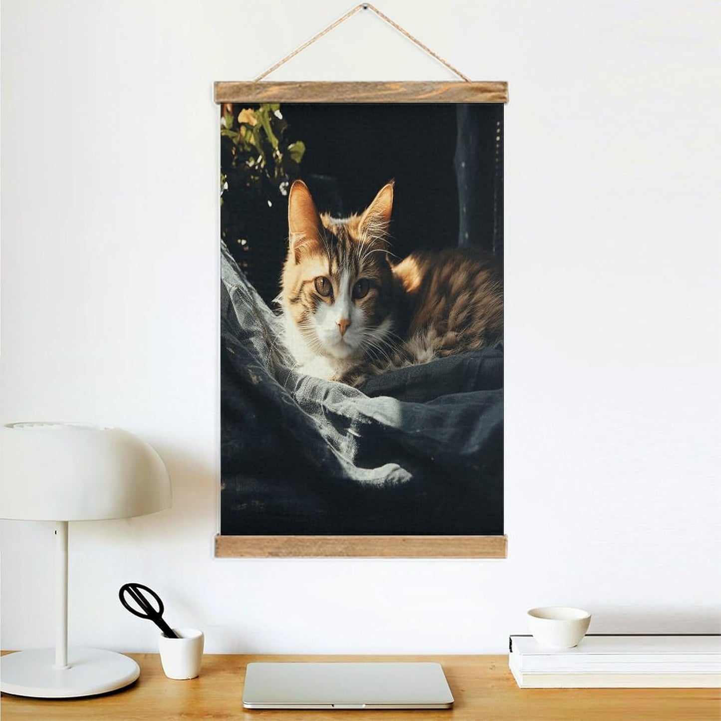 Vintage Resting Cat Poster with Wooden Frame Personalized Linen Hanging Scroll Painting Rustic Wall Hanging Illustrative Modern Artwork Decor for Home Living Room Bedroom Office