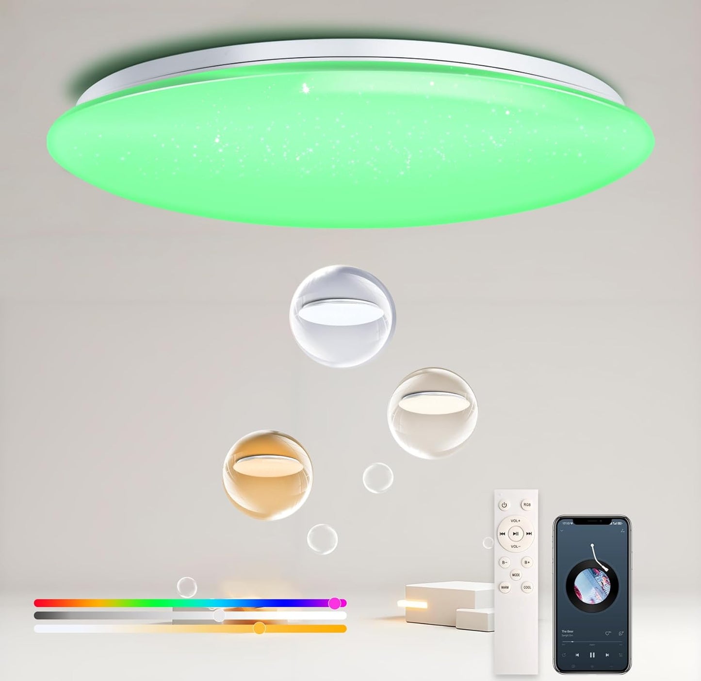 WF-Version LED Ceiling Light with Speaker 60W 20Inch Control via app/Voice/Remote Adjustable Brightness & Color Temperature Ceiling Lamp RGB Ambient Lighting for Bedroom Kids Room and More