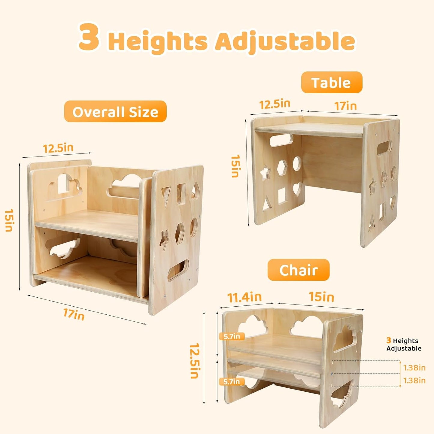 Satisure Montessori Weaning Table and Chair Set, Wooden Toddler Table and Chair Set, 1-3 Age Kids Table and Chairs with Blackboard & 3 Heights Adjustable for Eating & Drawing & Reading
