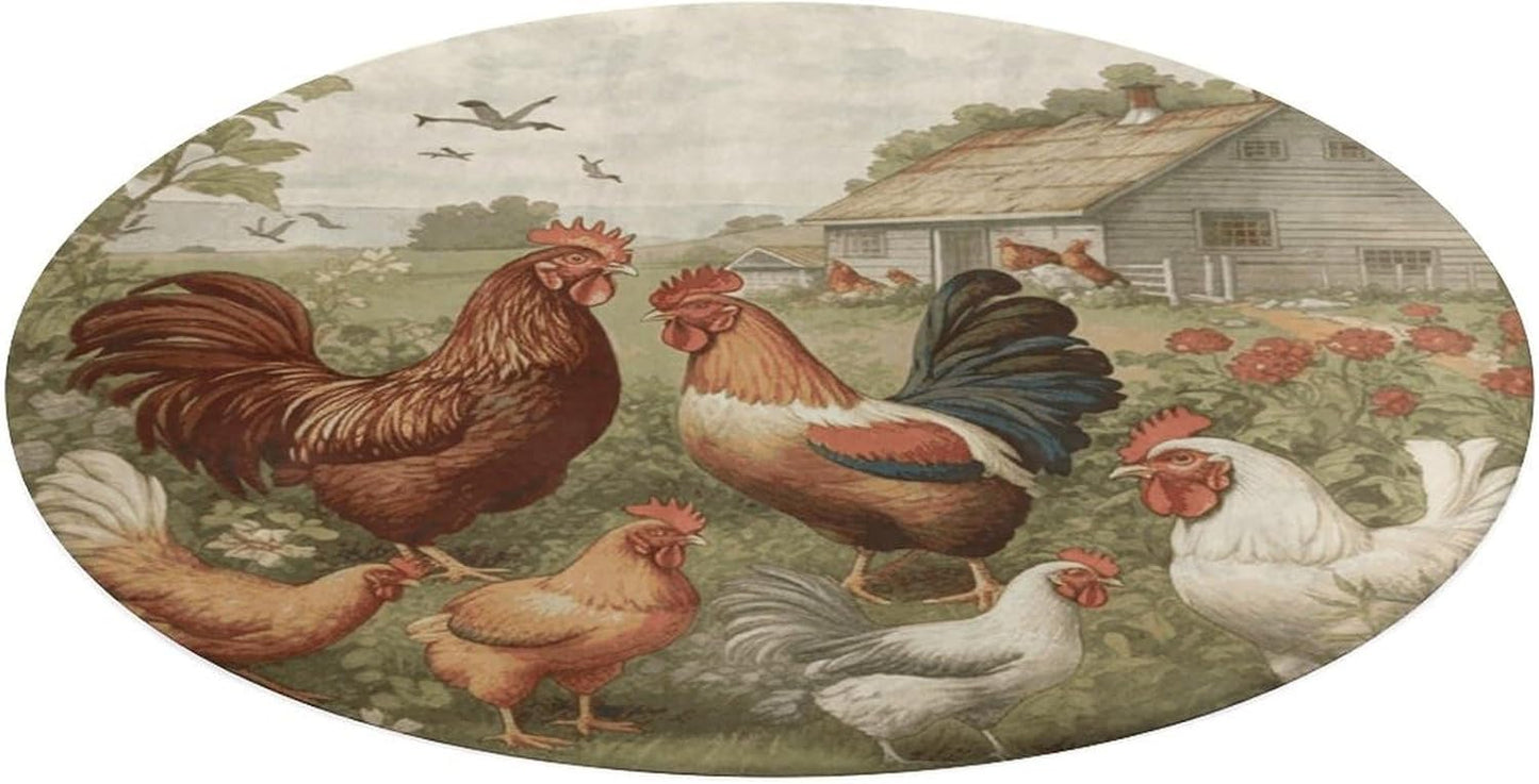 Chickens and Farm Circle Rug Retro Luxury Coral Velvet Floor Mat Non Slip Soft Indoor Floor Carpet Comfy Thickened Area Rugs Modern Aesthetic Minimalist Carpets for Home Decor