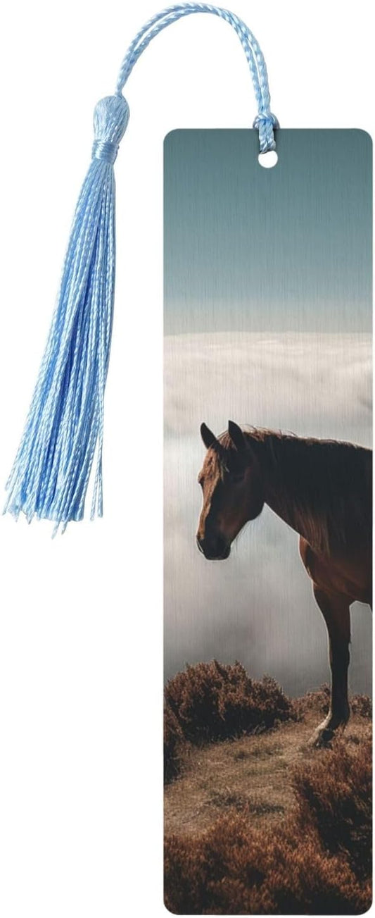Horse on a Misty Mountaintop Bookmarks Gifts for Women Men, Wooden Bookmarks for Book Lovers, Vintage Book Marks Ornaments with Tassel, Unique Personalized Reading Page Markers Sky Blue