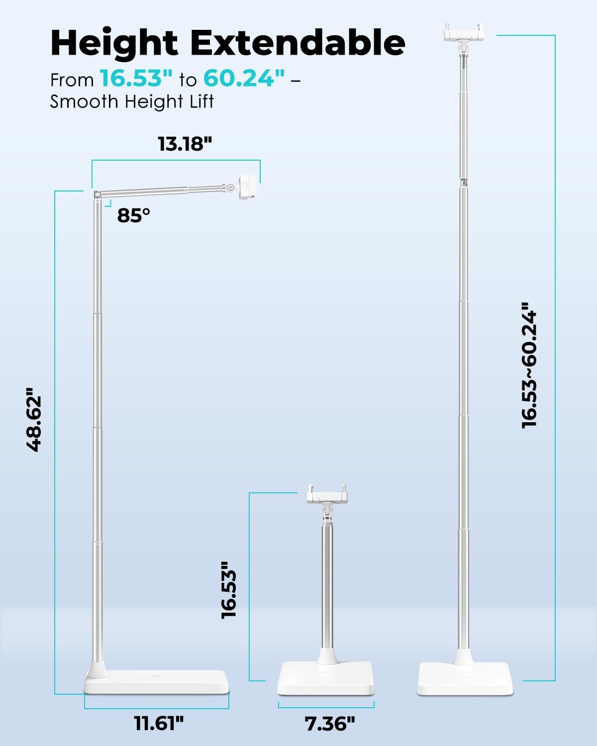 Viozon Tablet Floor Stand, Height & Angle Adjustable Tablet Holder with Aluminum Alloy Arm Tube, 360° Rotation for Bed, Sofa, Desk, Compatible with 3.5-11'' iPad Pro/Air/Mini, iPhone 15/14, Kindle.