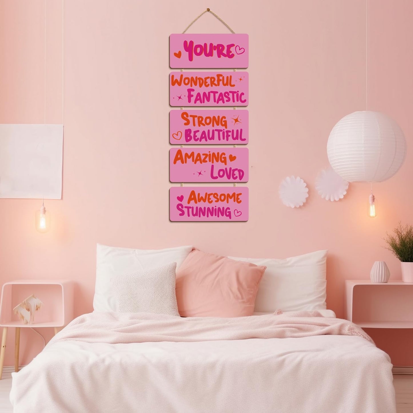 Pink Room Decor Aesthetic, Wooden Hanging Plaque Girls wall Decor Inspirational Girly Wood Wall Art for Kids Teenage Home Bedroom Nursery Classroom Dorm