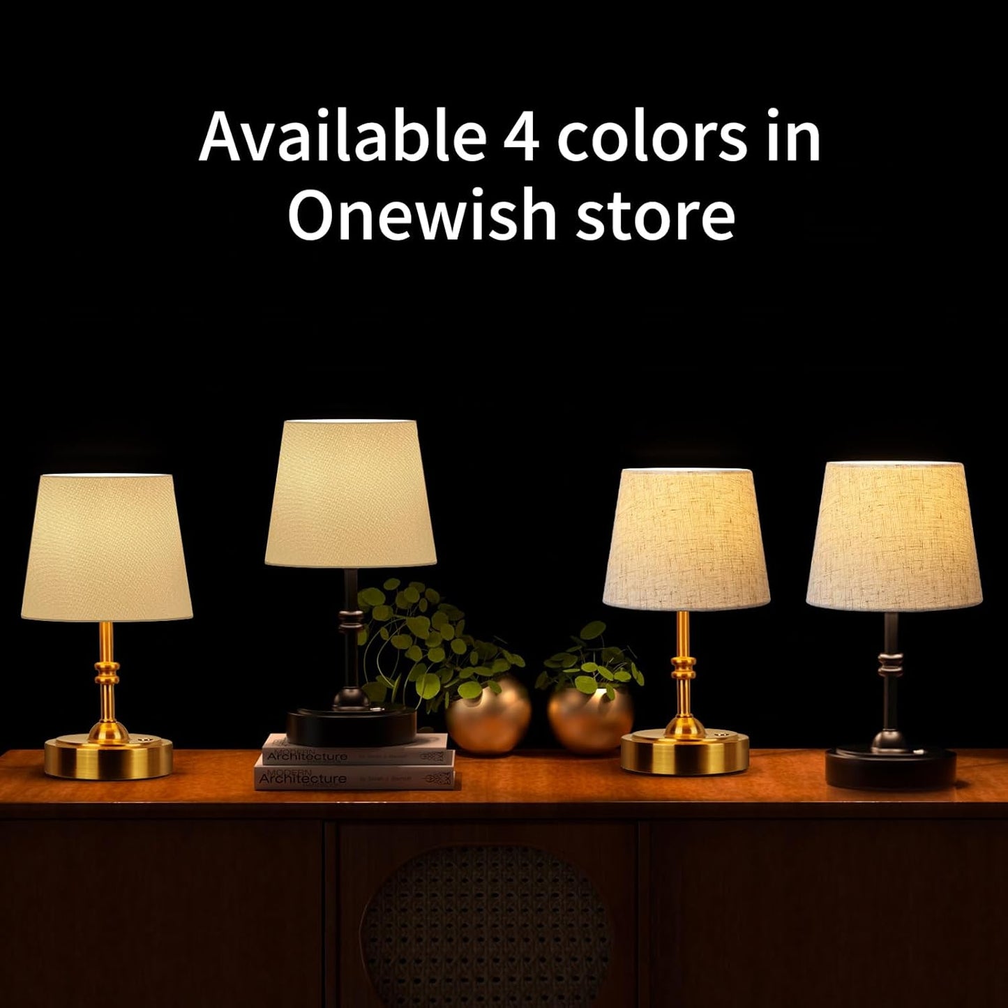 ONEWISH Small Cordless Lamp, Battery Operated Table lamp Dimmable, 4000mAh Rechargeable, Touch Bedside Lamp with Beige Linen Shade, 2700K Bulb Included, for Dining, Patio, Bathroom(Black)
