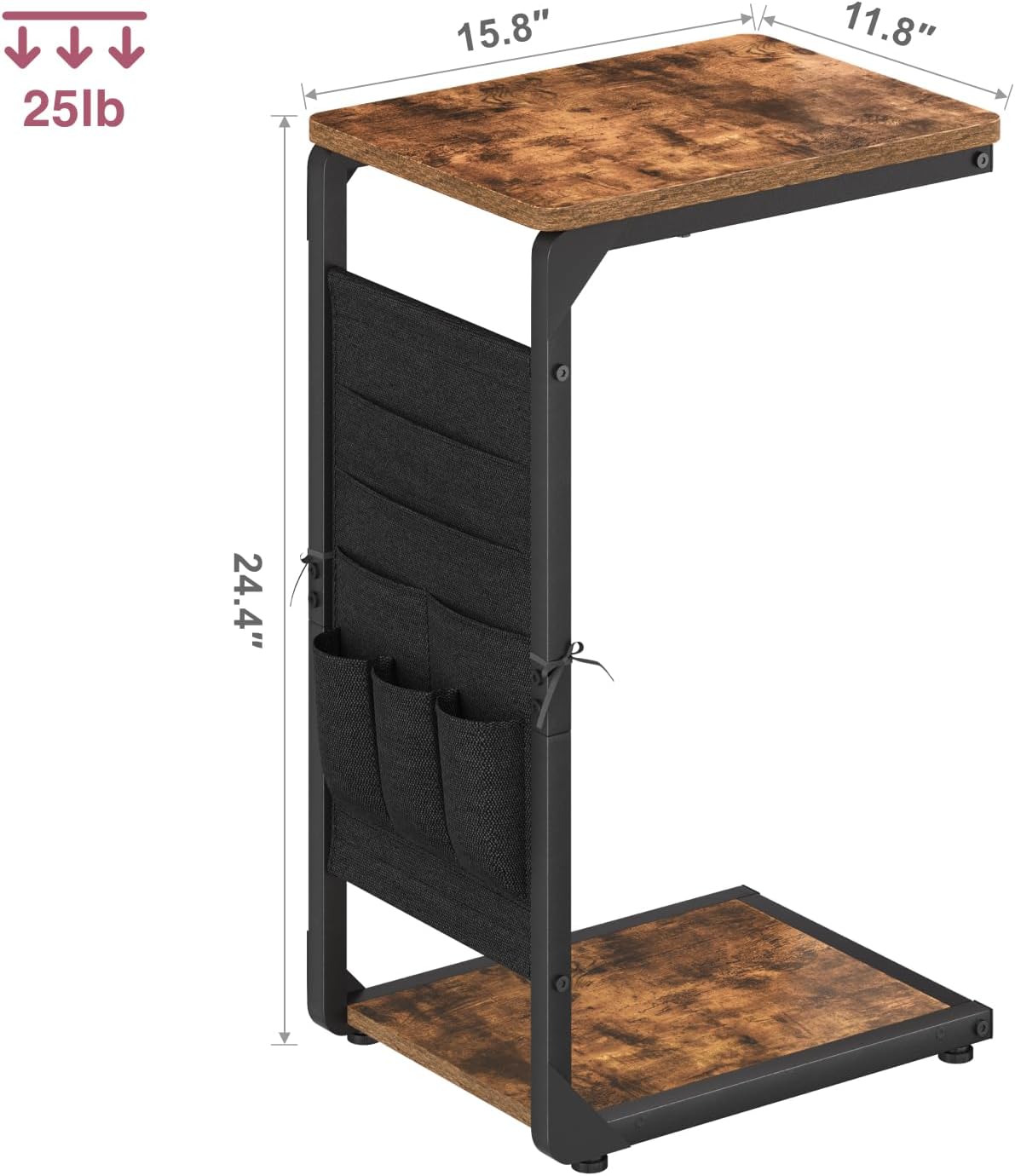 Narrow C-Shaped End Table with Storage Bag, Small Couch Side Table, Sofa TV Tray Table for Living Room, Bedroom, Bedside ET-P-BR1