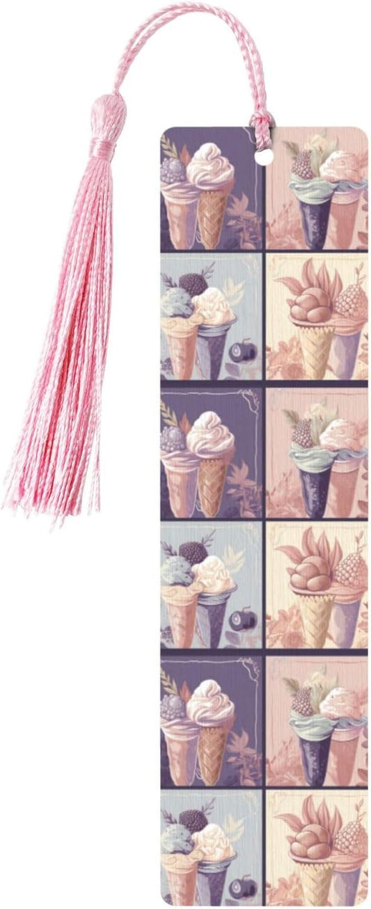 Ice Cream Illustration Bookmarks Gifts for Women Men, Wooden Bookmarks for Book Lovers, Vintage Book Marks Ornaments with Tassel, Unique Personalized Reading Page Markers Pink